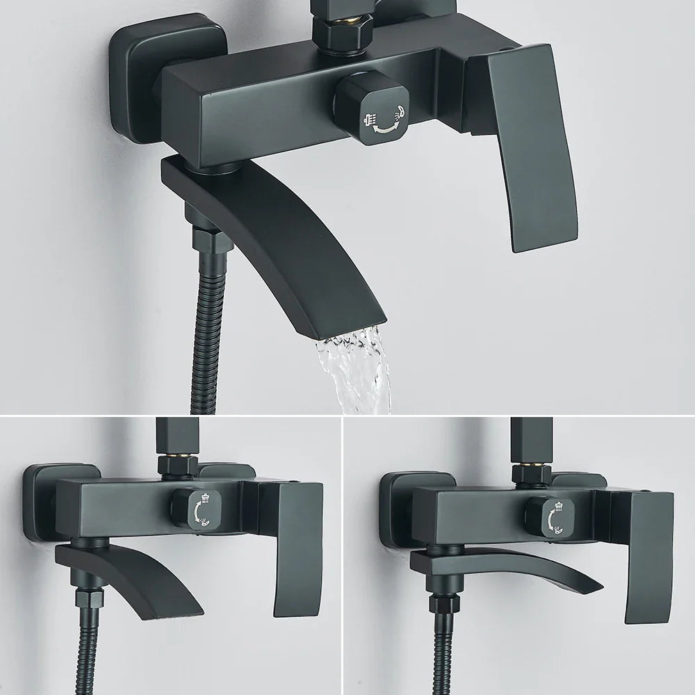 Afralia™ Matte Black Rainfall Shower Faucet Set with Stainless Steel Spout