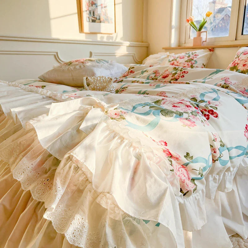 Afralia™ Princess Bedding Set with Lace Ruffles and Flowers
