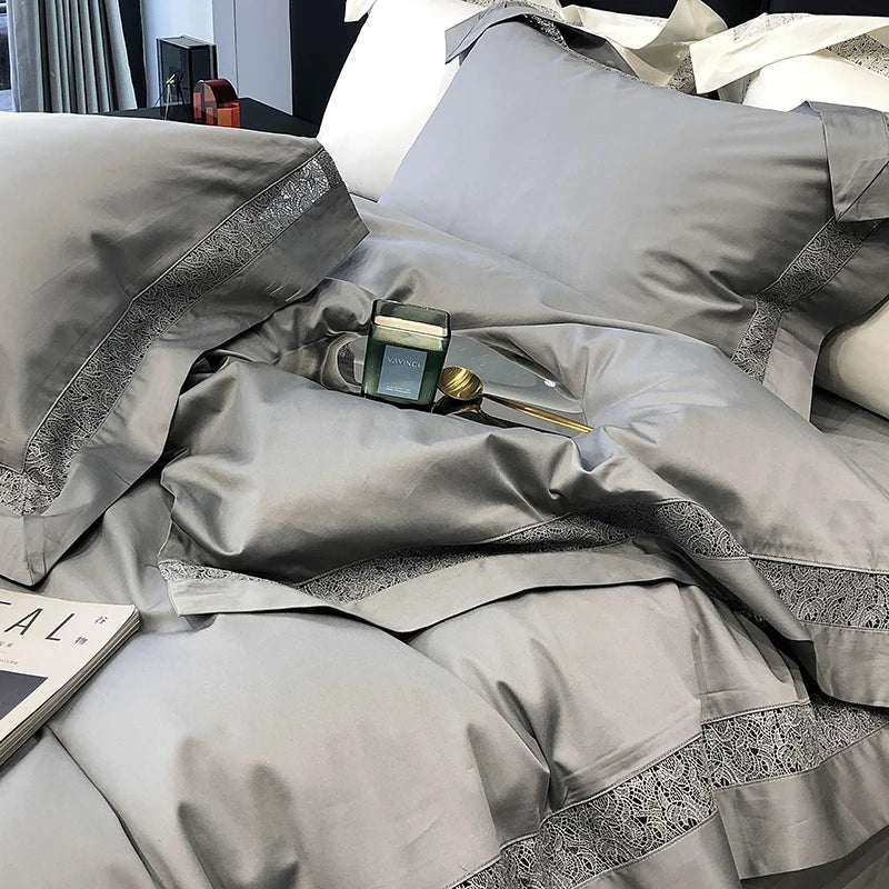 Afralia™ Grey Hollow Lace 1000TC Egyptian Cotton Bedding Set with Wide Edge
