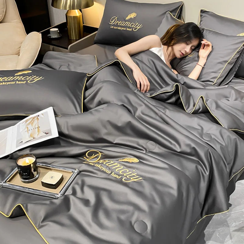 Afralia™ Embroidered Ice Silk Summer Quilt Set with Pillowcases