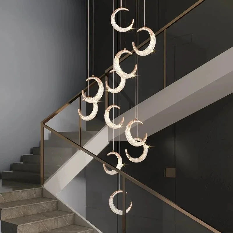 Afralia™ Moon Design Acrylic LED Chandelier Modern Staircase Pendant Light