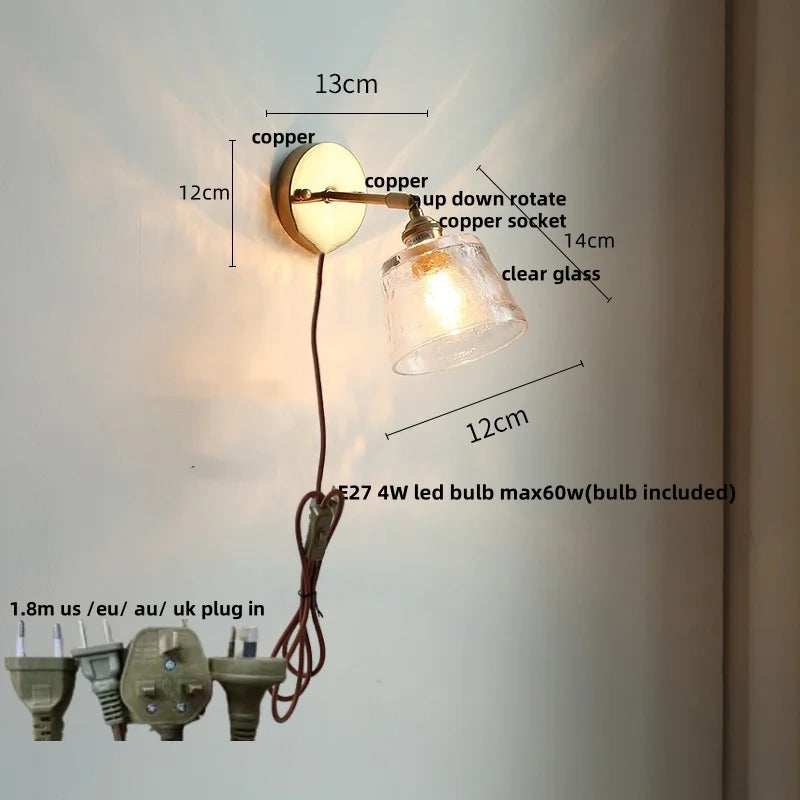 Afralia™ Copper LED Wall Lights Clear Glass Switch Bedside Lamp Nordic Modern