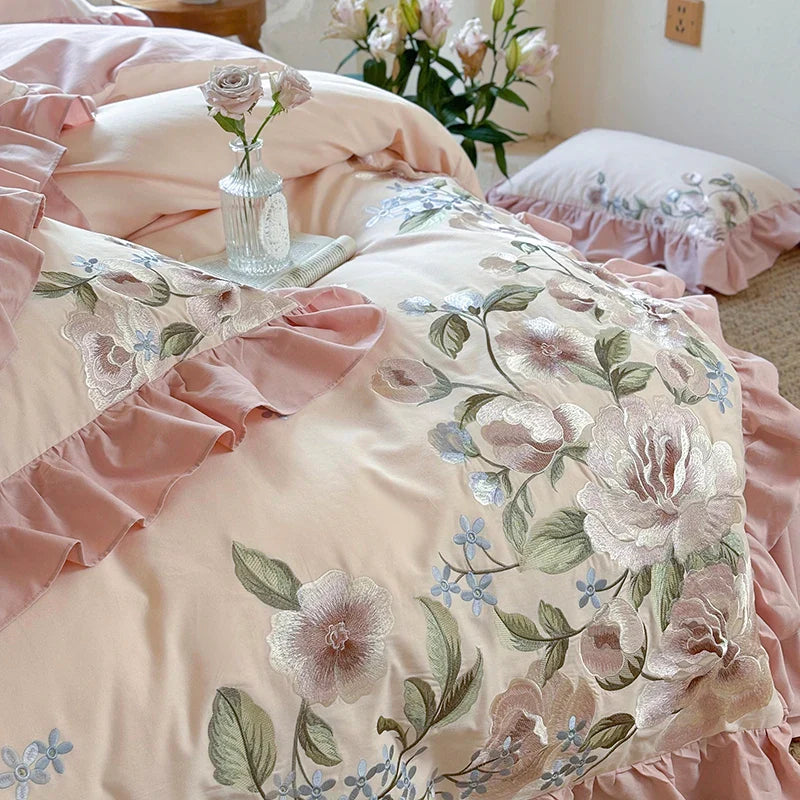 Afralia™ Luxury Flowers Embroidery Princess Bedding Set - 1000TC Egyptian Cotton