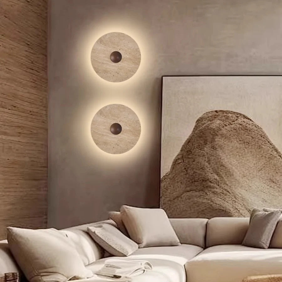 Afralia™ Round Wood LED Wall Lights Sconce for Balcony Staircase, Wabi Sabi Yellow Stone Lamp