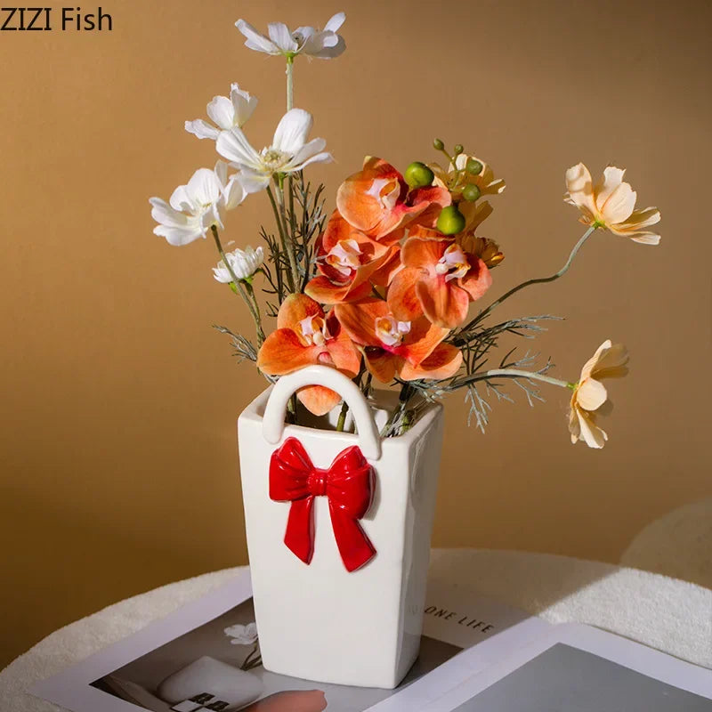 Afralia™ Bowknot Ceramic Vase Handbag Decor Table Flower Room Decor