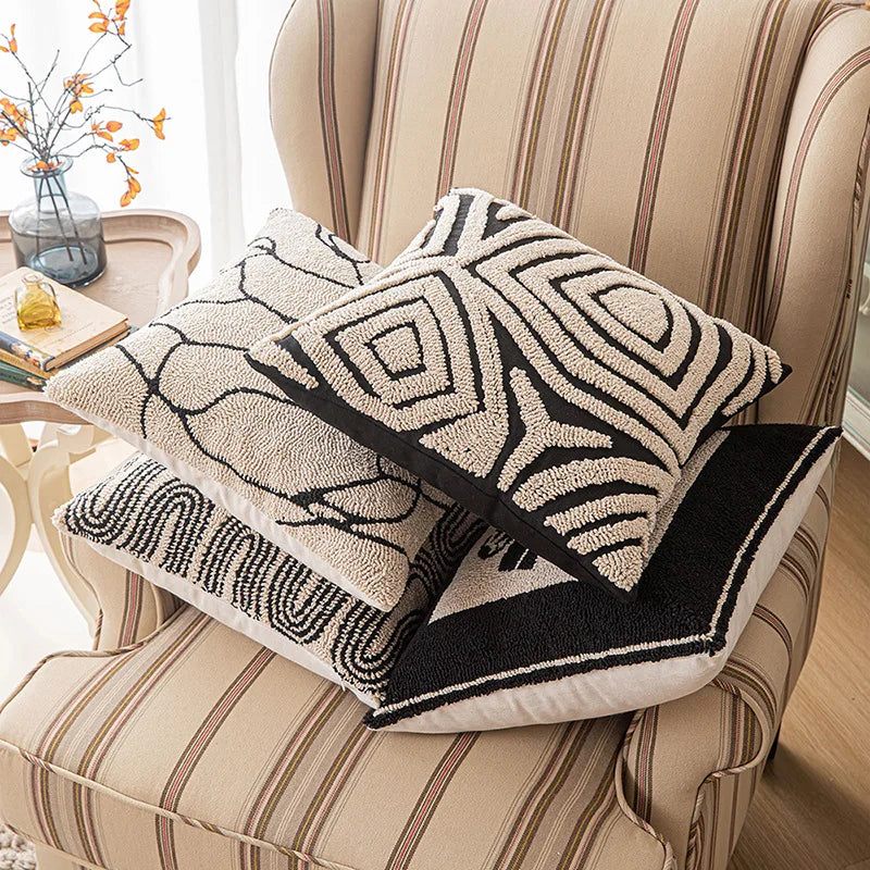 Geometric Beige & Black Tufted Cushion Cover by Afralia™ - Modern Home Decor Pillow