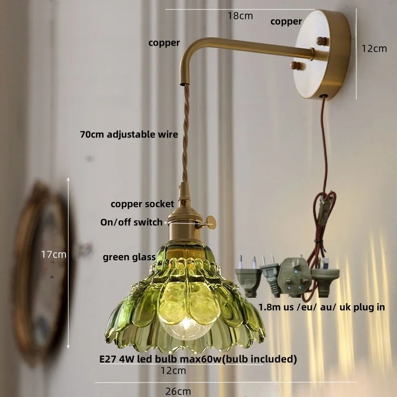 Afralia™ Amber Glass LED Wall Sconce, Brass Finish, Adjustable Wire, Modern Nordic Style