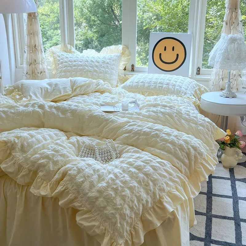 Afralia™ Korean Princess Soft Bedding Set, Wash Cotton Solid Color Duvet Cover Collection