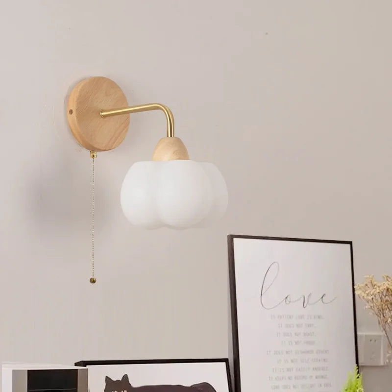 Afralia™ Wood Canopy LED Wall Light Fixture - Modern Nordic Style with Pull Chain Switch