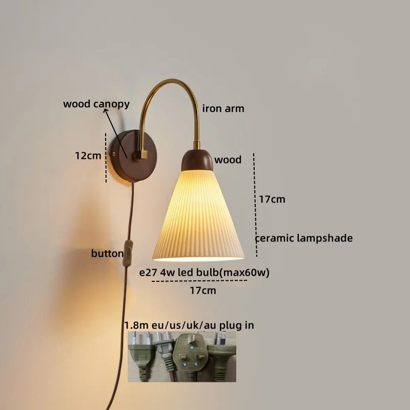 Afralia™ Ceramic Wood LED Wall Lights Modern Bedside Lamp for Home Decor