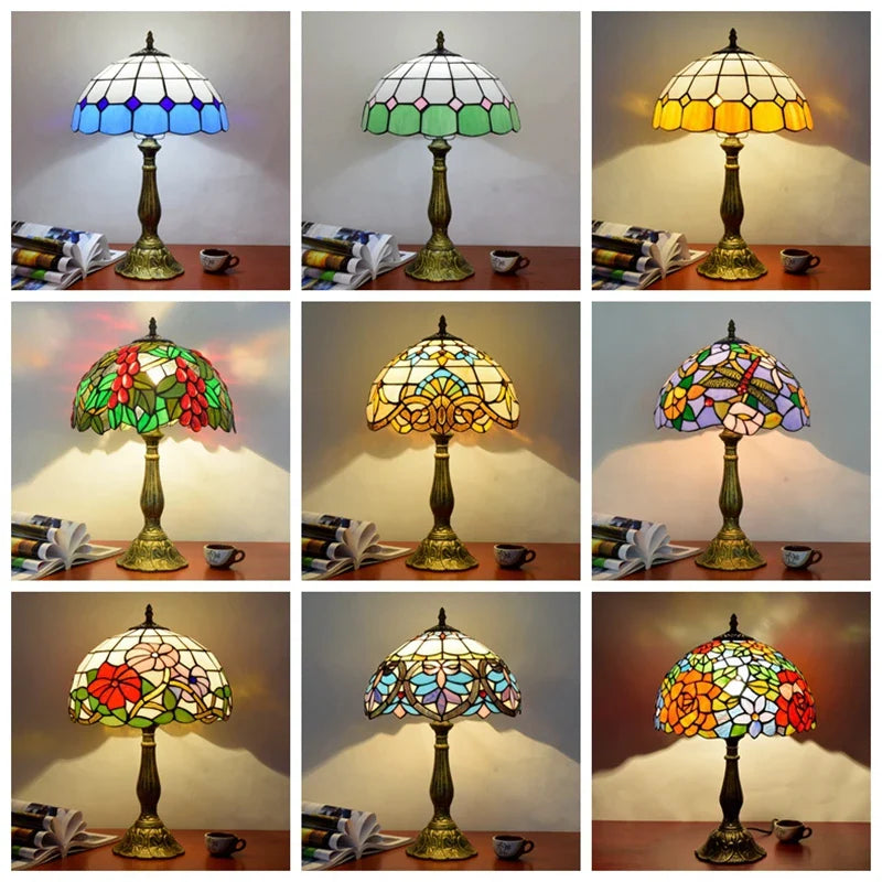 Afralia™ Tiffany Style Stained Glass Table Lamp Vintage Desk Light Home Decor Bedroom Bedside