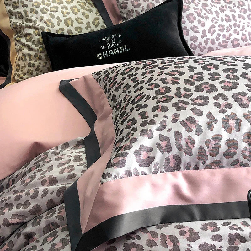 Pink Leopard Jacquard Lyocell Cotton Bedding Set by Afralia™ - Queen King Size Soft Silky Bed Set