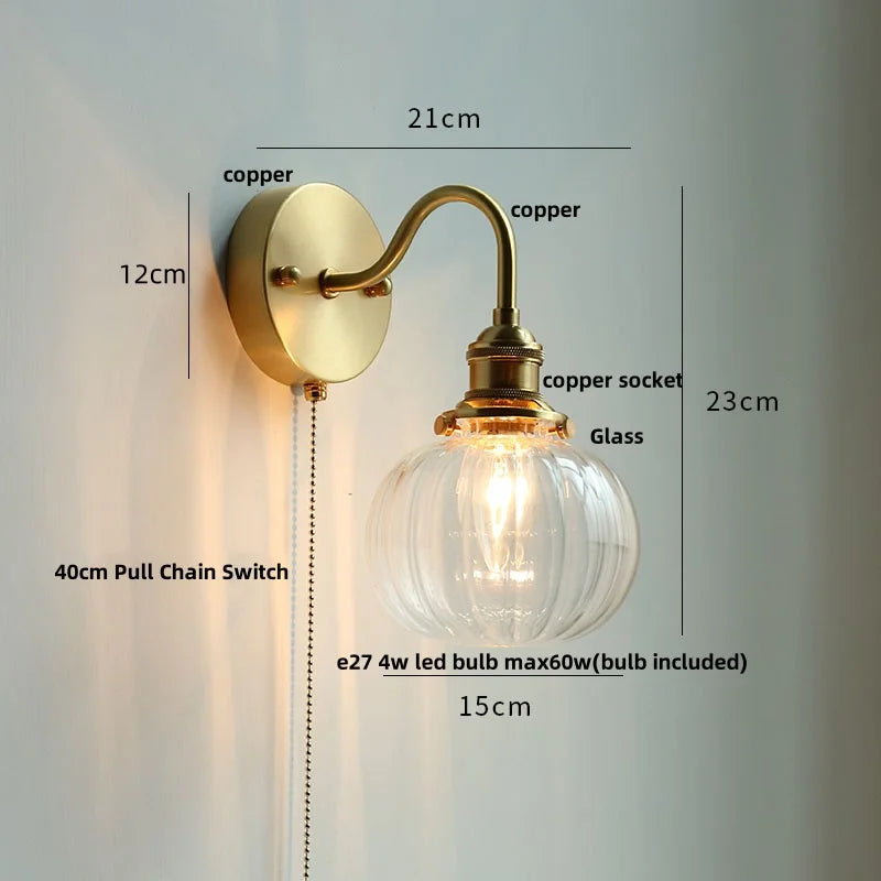 Afralia™ Crystal LED Wall Sconce Pull Chain Switch Brass Mirror Light