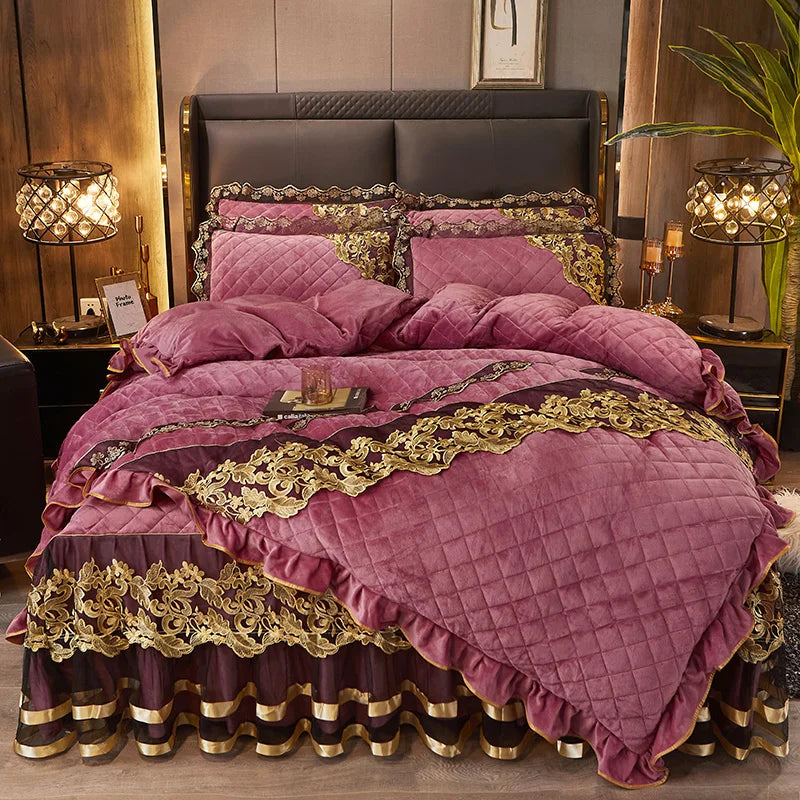 Afralia™ Black Gold Luxury Crystal Velvet Bedding Set with Quilted Embroidery & Ruffles