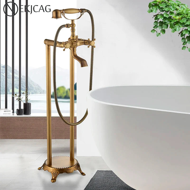 Afralia™ Brass Freestanding Bathtub Filler with Handshower, Dual Handles & Shower Set