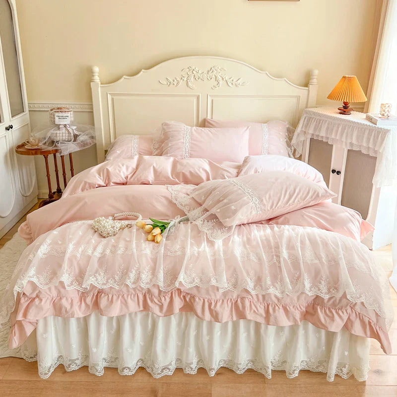Afralia™ French Princess Lace Ruffles Bedding Set, 100% Cotton, Pink Romantic Theme