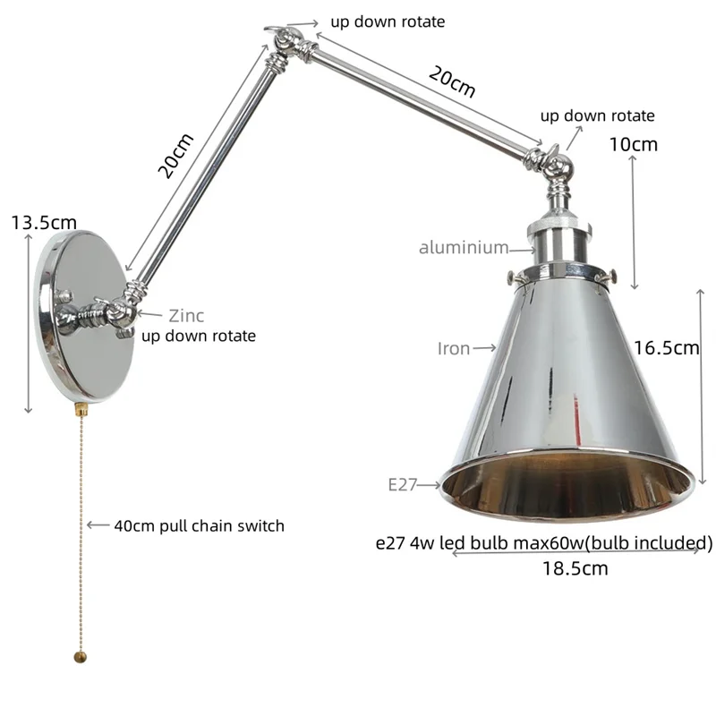 Afralia™ Silver Iron LED Swing Arm Wall Lights, Industrial Style, Plug-In, Stair & Bedside Lamp