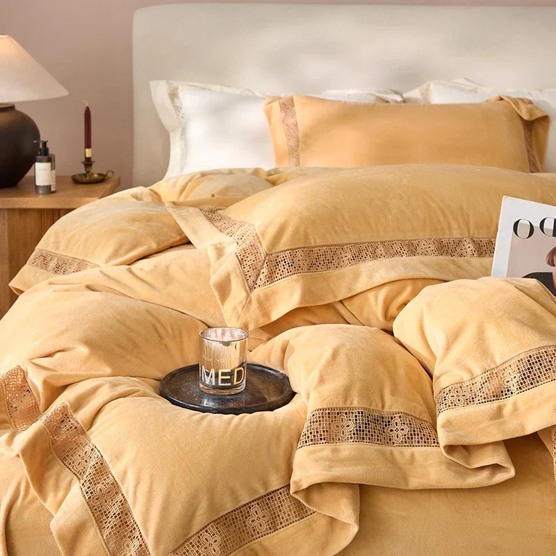 Luxury Gold Velvet Lace Duvet Bedding Set by Afralia™, Cozy Furry Winter Collection