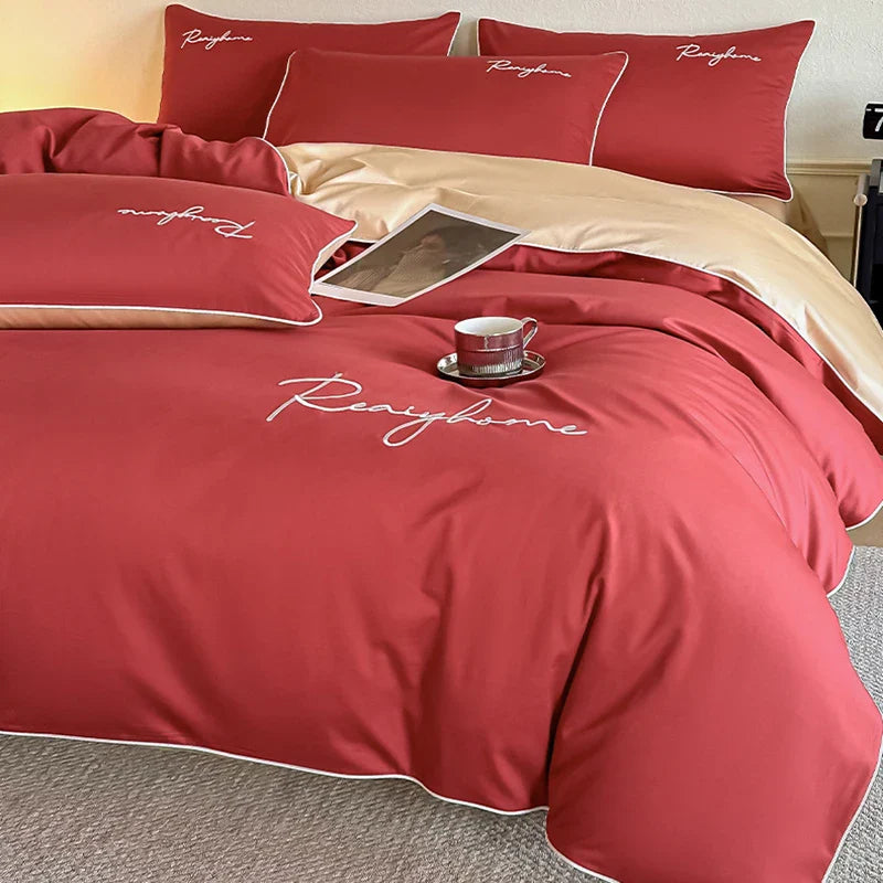 Afralia™ Pure Cotton Luxury Embroidery Bedding Set - Nordic Solid Color Duvet Bedclothes