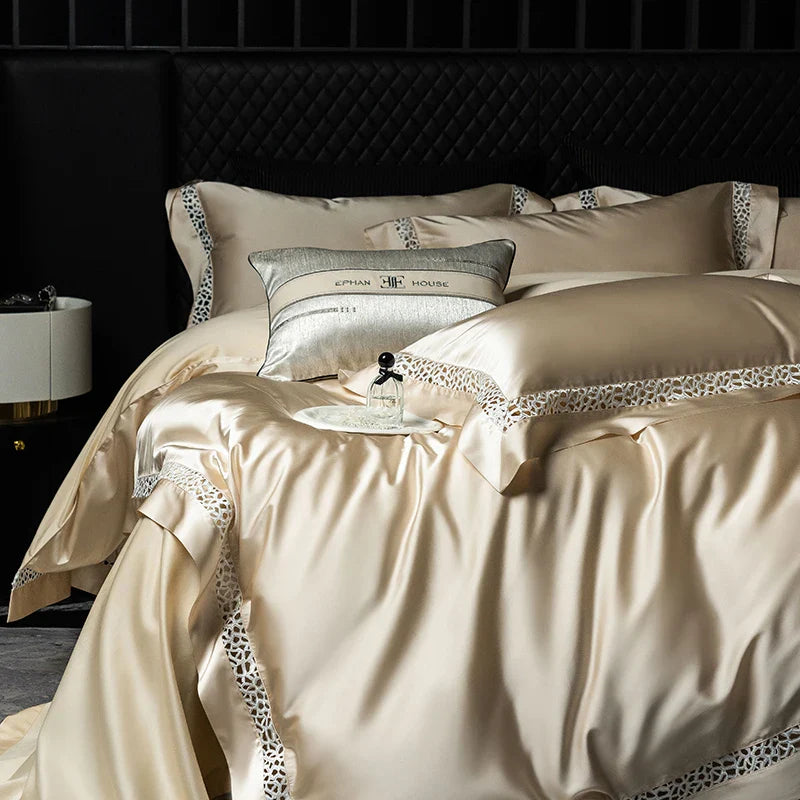 Afralia™ Brocade Lace Edge Egyptian Cotton Bedding Set - 4Pcs