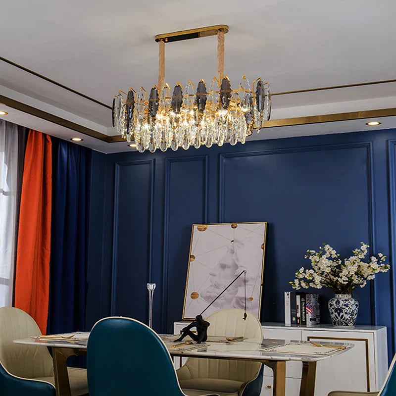 Afralia™ Gold Leaf Crystal Chandelier: Modern LED Dining Room Ceiling Light