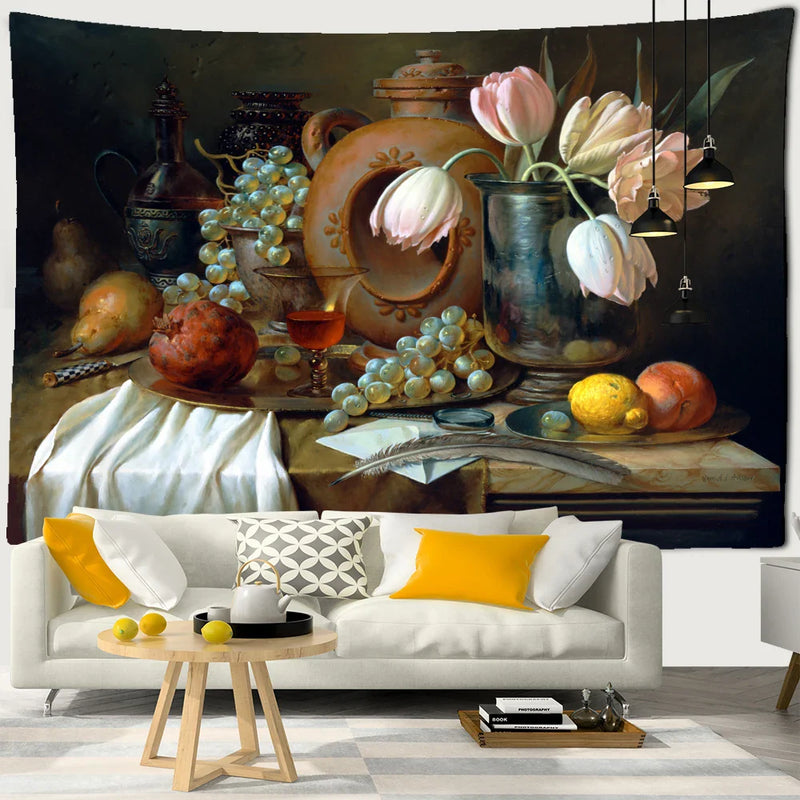 Afralia™ European Still Life Oil Painting Tapestry Wall Hanging for Aesthetic Room Decor