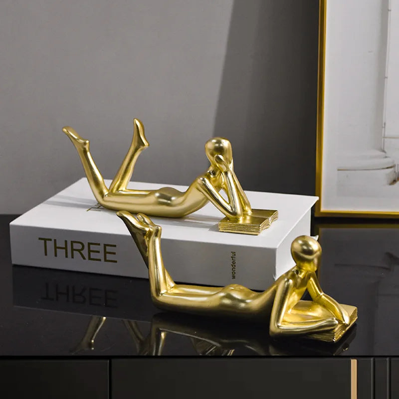 Afralia™ Golden Thinker Reader Man Resin Figure: Abstract Home Decor Figurine