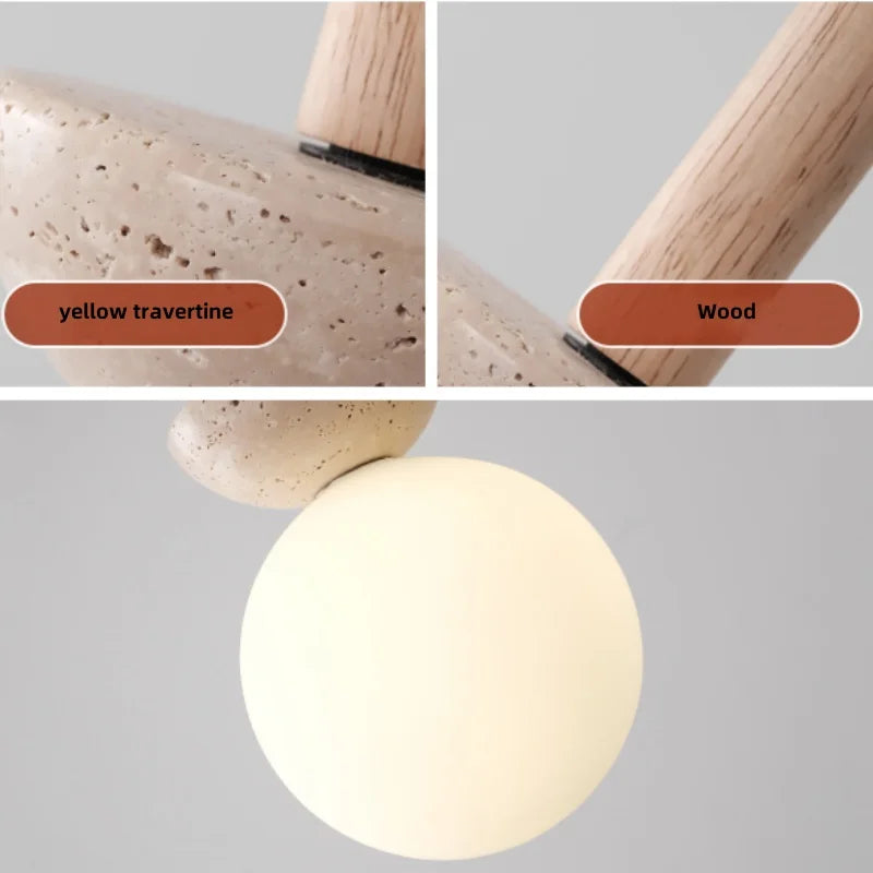 Afralia™ White Glass LED Pendant Lights Modern Yellow Travertine Wood Hang Lamp