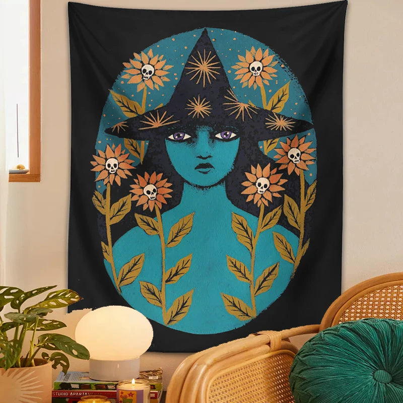 Afralia™ Blue Witches Botanical Tapestry Wall Hanging for Home Room Decor and Aesthetic Magic