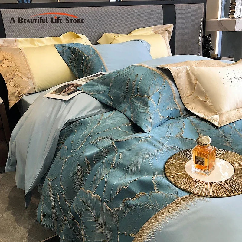 Afralia™ Luxe Gold Leaves Satin Jacquard Embroidery 1000TC Egyptian Cotton Bedding Set