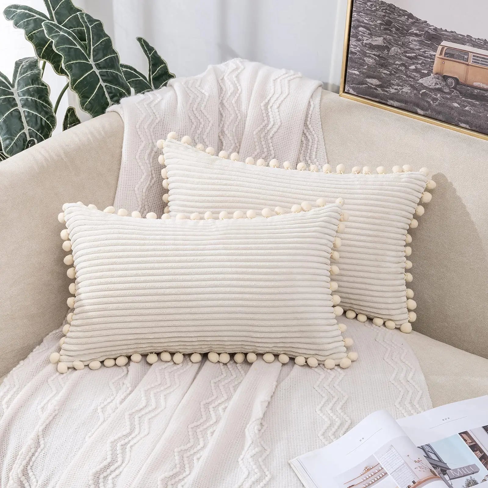 Afralia™ Striped Corduroy Pom-pom Cushion Covers - Skin Friendly Solid Color Pillow Sham