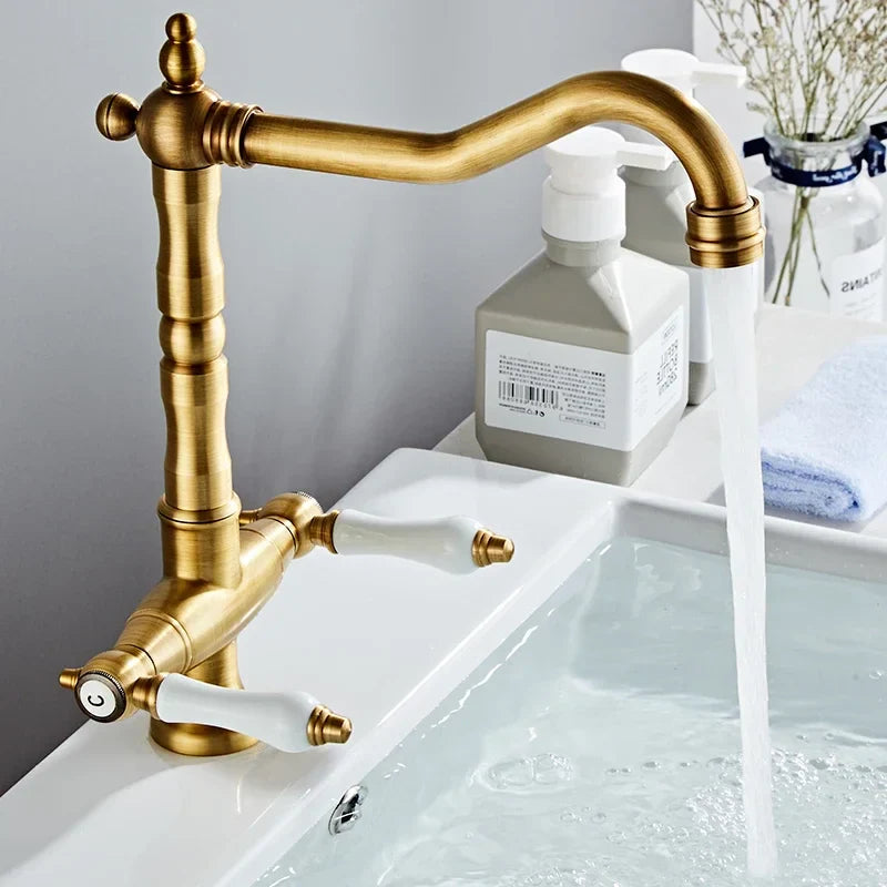 Afralia™ Antique Brass Kitchen Faucet with Dual Handles and 360° Rotation