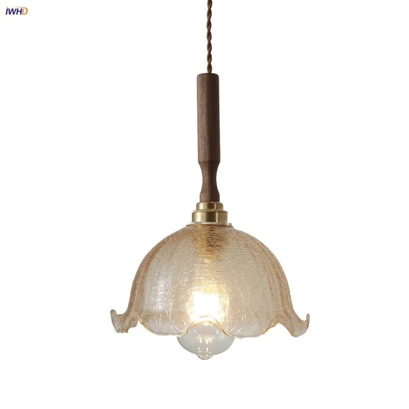 Afralia™ Amber Glass LED Pendant Lamp with Walnut Wood Accent - Modern Nordic Hanging Light