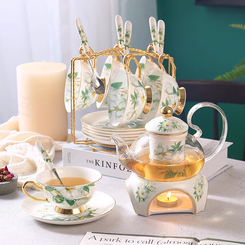 Afralia™ Camellia Floral Tea Set Bone China Glass Teapot & Ceramic Teacup Pot Strainer