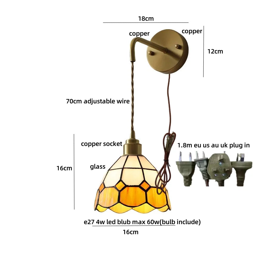 Afralia™ Tiffany Glass LED Wall Sconce | Adjustable Wire Fixture | Modern Pull Chain Switch