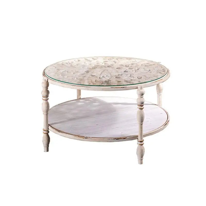 Afralia™ Vintage Solid Wood Carved Round Coffee Table - American Living Room Sofa Art Piece
