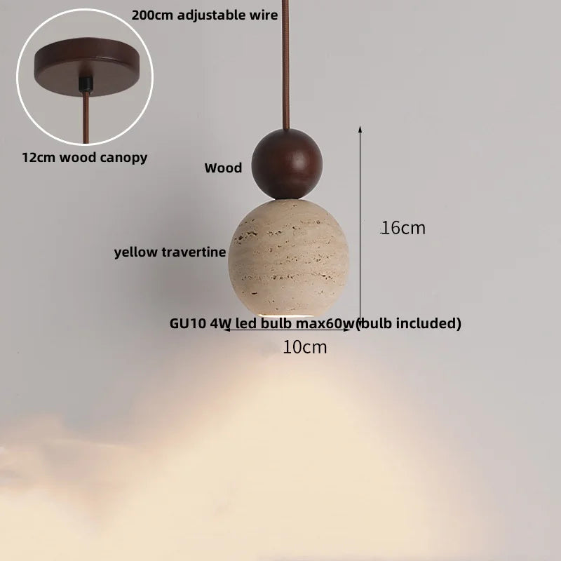 Afralia™ Wabi Sabi LED Pendant Light - Yellow Travertine Brown Wood - Modern Stone Hang Lamp