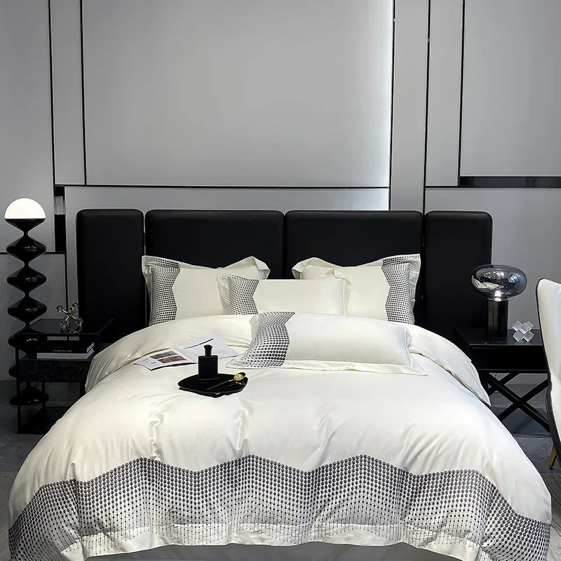 Afralia™ 1000TC Cotton Embroidery Luxury Bedding Set in Blue White Champagne