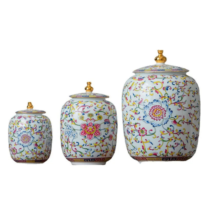 Afralia™ Enamelled Porcelain Tea Caddy Ginger Jar - Desktop Storage Container