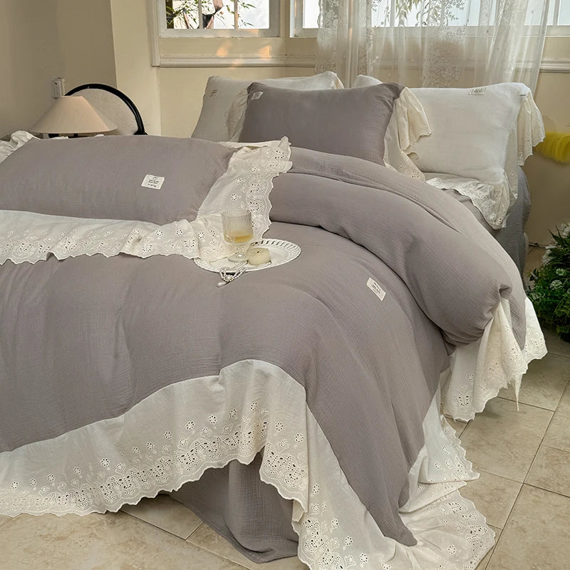 Afralia™ Lace Ruffles Princess Wedding Bedding Set in Pure Cotton Skin-friendly Fabric