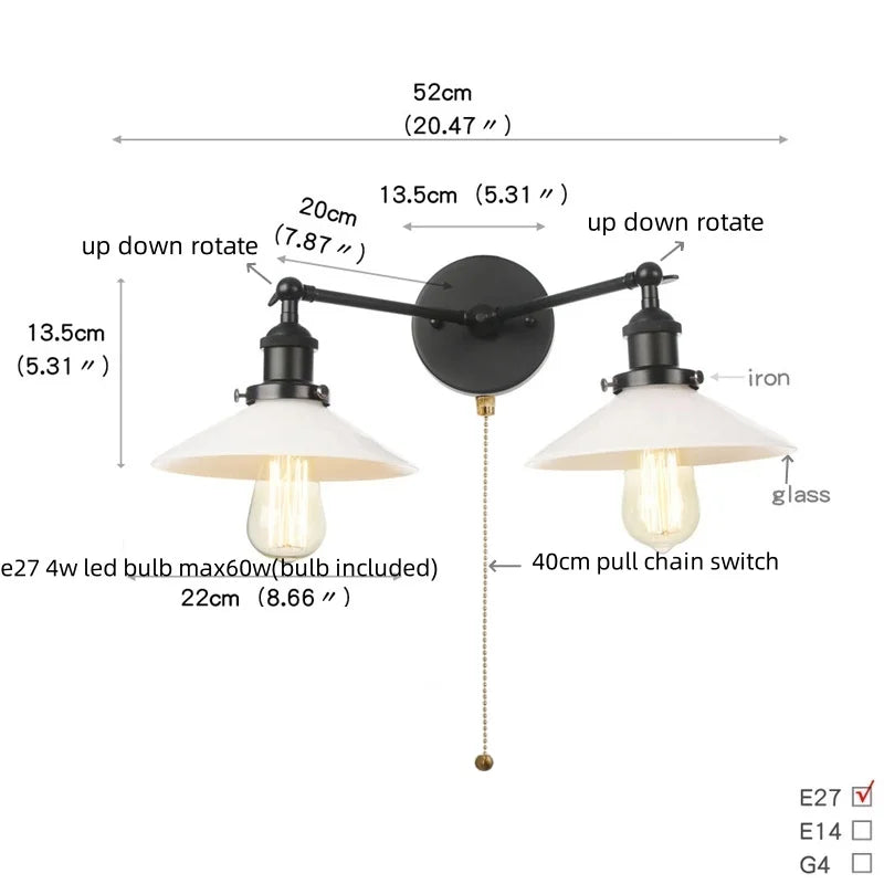 Afralia™ Industrial LED Wall Light Fixture with Pull Chain Switch, 2 Heads Bedside Lamp