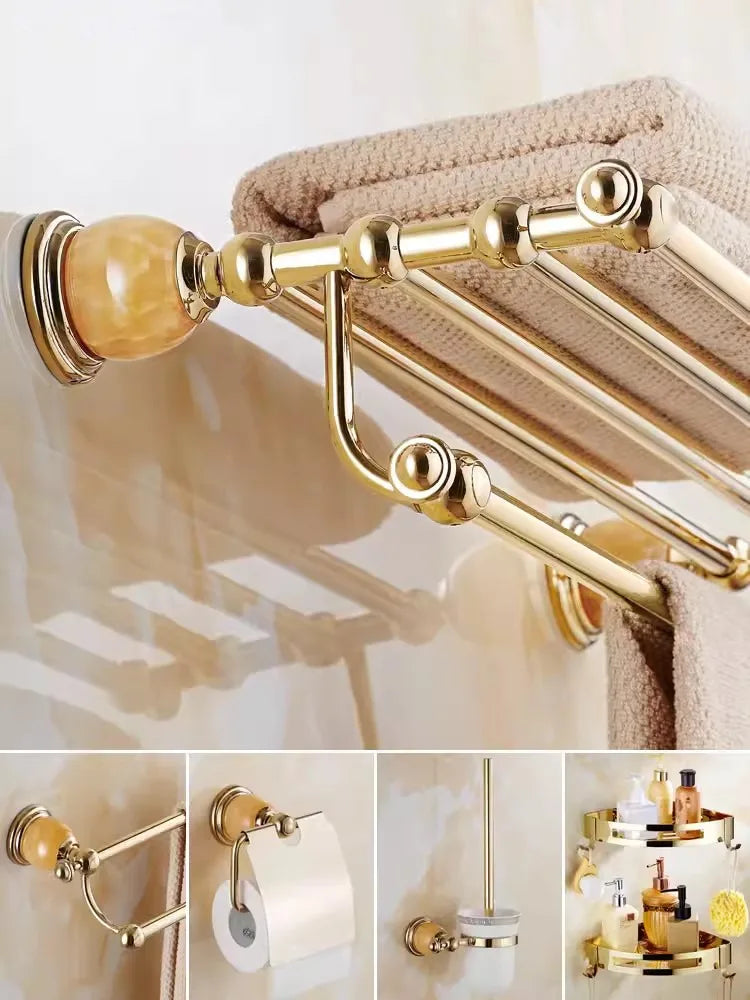Afralia™ Brass Jade Bathroom Accessories Set: Towel Bar, Soap Holder, Towel Rack, Glass Shelf