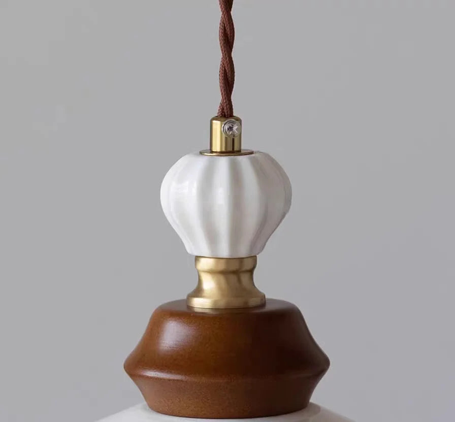 Afralia™ Ceramic LED Wall Light Copper Pull Chain Wood Base Modern Bedside Lamp