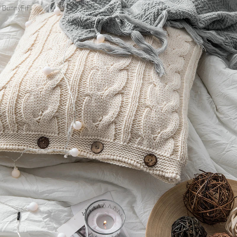 Afralia™ Soft Cotton Plait Knit Cushion Cover Vintage Ivory Grey Pink Solid 45cm*45cm