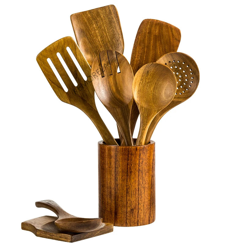 Afralia™ 9-Piece Wooden Cooking Utensils Set with Holder - Teak Kitchen Tools