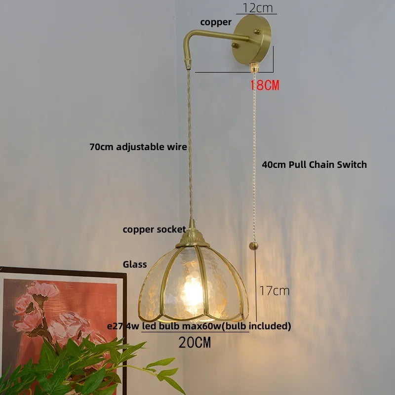 Afralia™ Glass Brass LED Wall Sconce Pull Chain Switch Vintage Vanity Light