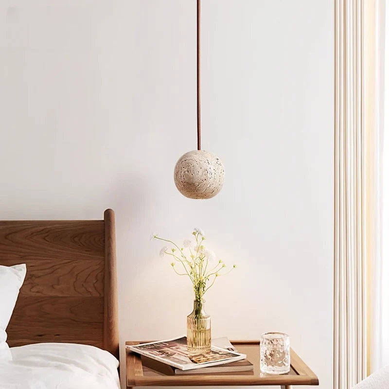 Afralia™ Wabi Sabi LED Pendant Lamp Yellow Travertine Stone Ball Hanging Light