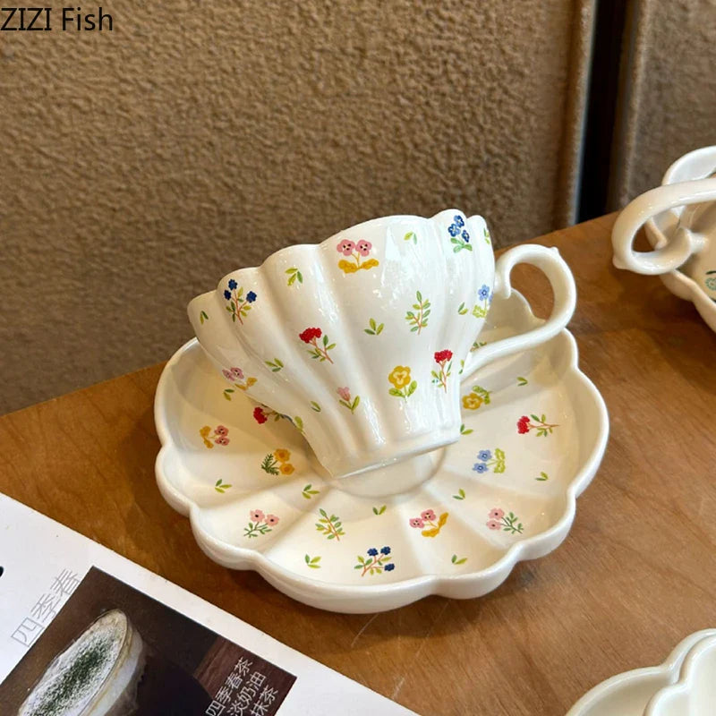 Afralia™ Floral Texture Porcelain Coffee Cup & Saucer Set for Home Dining Table
