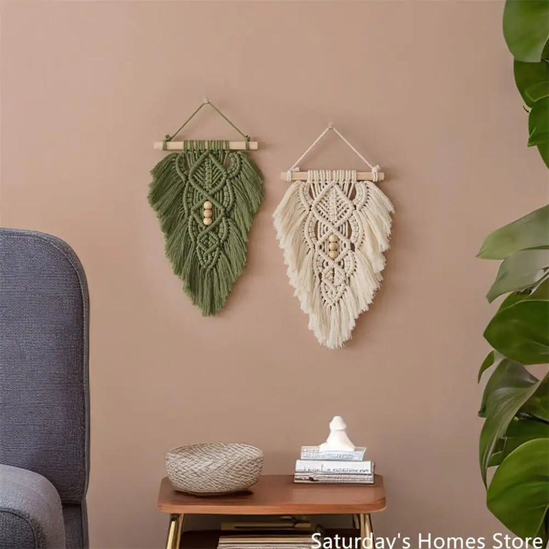 Afralia™ Handmade Macrame Leaf Hanging Tapestry Wall Decoration Mini Tapestry with Wood Stick