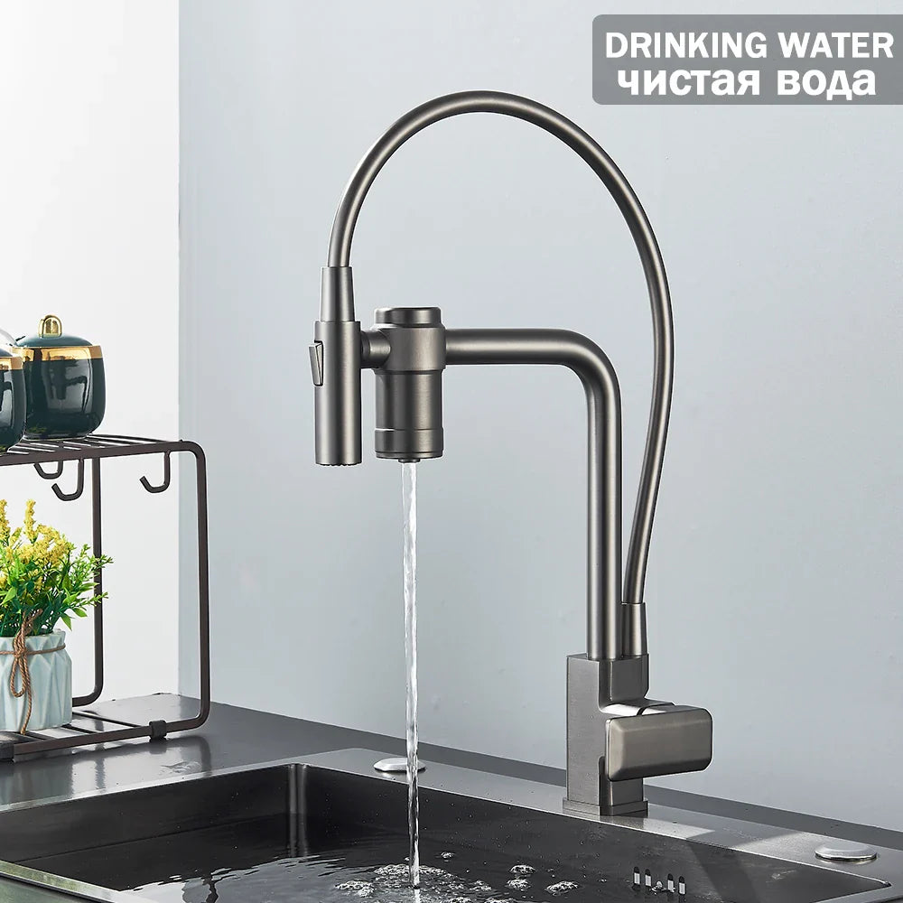 Afralia™ Gun Grey Filtered Water Kitchen Faucet with Pull Down Sprayer
